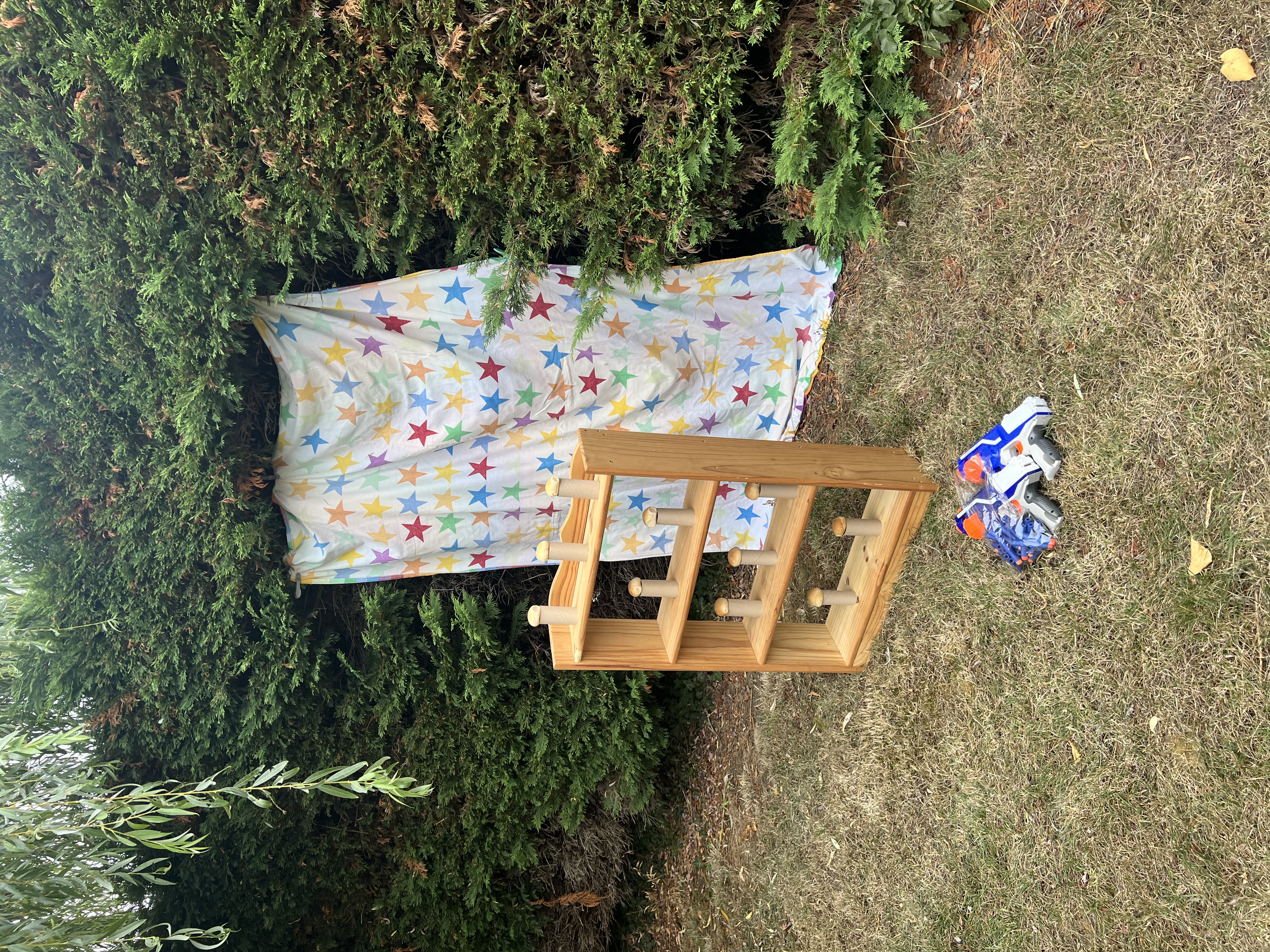A nerf shooting range of doughballs stood atop toilet roll tubes